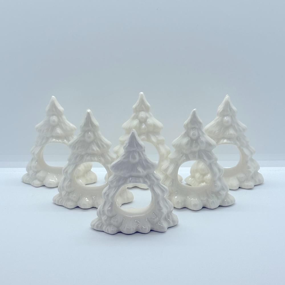White Ceramic Christmas Winter Holidays Tree Napkin Holders Set of 6